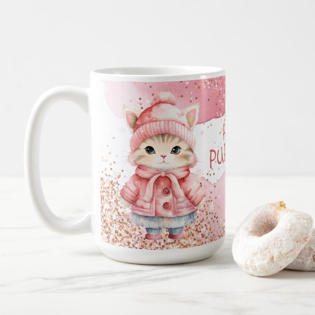 Cute Watercolor Kitty Cat Winter Coat Coffee Mug (With Donut)