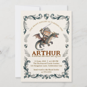 Cute Watercolor Knight Castle Boys First Birthday Invitation