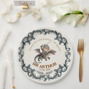 Cute Watercolor Knight Castle Boys First Birthday Paper Plate
