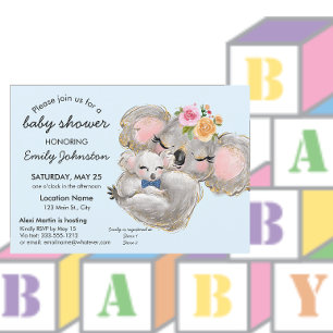 Cute Watercolor Koala Blue Baby Shower Invitation