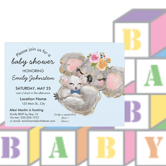 Cute Watercolor Koala Blue Baby Shower Invitation (Creator Uploaded)
