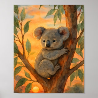 Cute Watercolor Koala in Eucalyptus Tree Poster