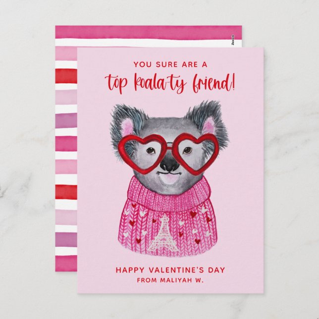Cute Watercolor Koala Kids Postcard Size Valentine (Front/Back)