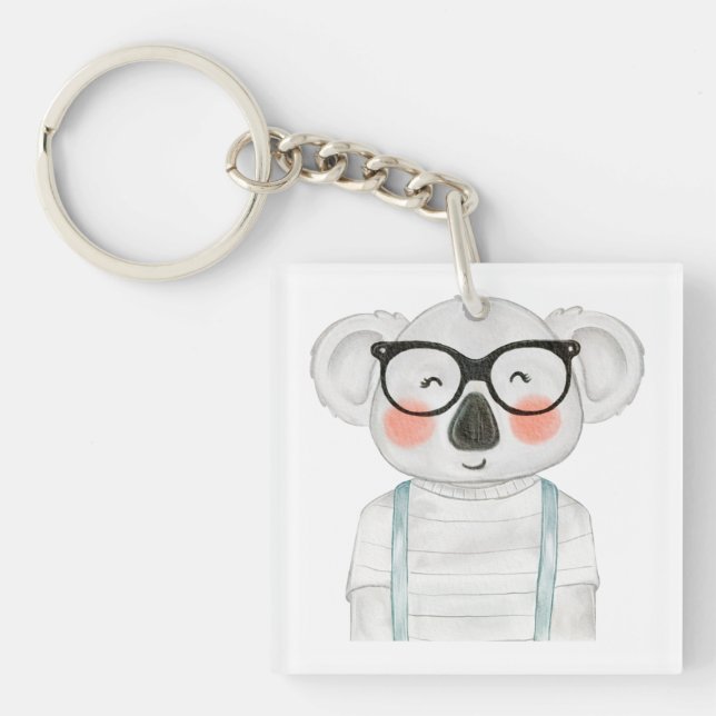 Cute Watercolor Koala with Glasses Key Ring (Front)