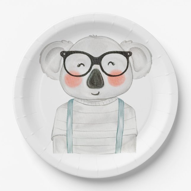 Cute Watercolor Koala with Glasses Paper Plate (Front)