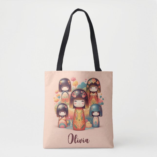 Cute Watercolor Kokeshi Dolls Blush Tote Bag (Front)