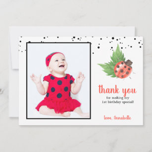 Cute Watercolor Ladybug 1st Birthday Thank You Card