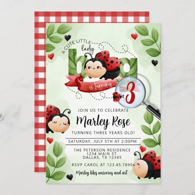 Cute Watercolor Ladybug Beetle Birthday Party Invitation (Front/Back)