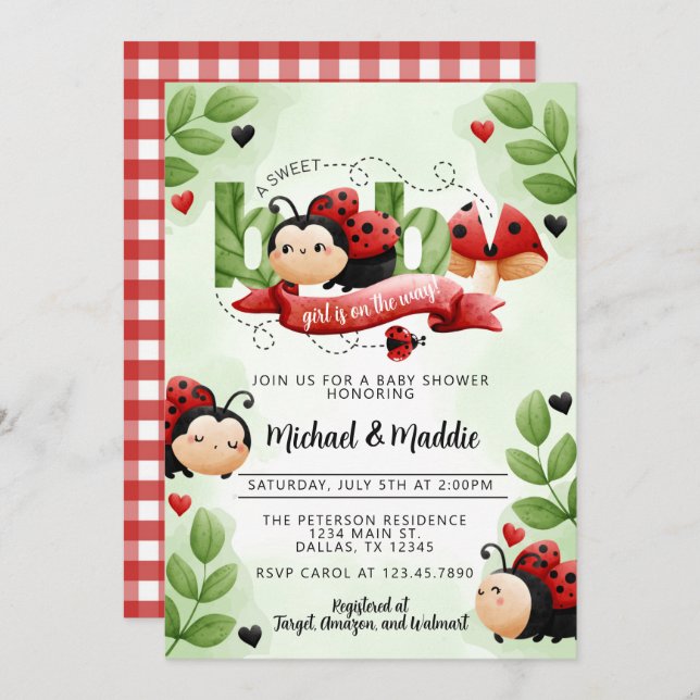 Cute Watercolor Ladybug Beetle Insect Baby Shower Invitation (Front/Back)