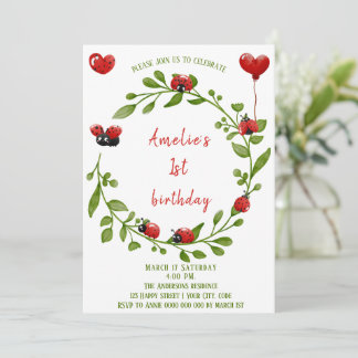 Cute Watercolor Ladybug Birthday  Invitation