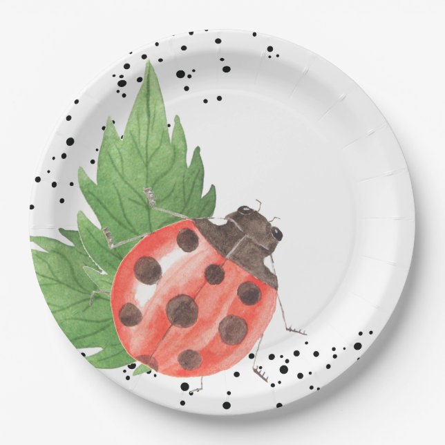 Cute Watercolor Ladybug with Polka Dots Paper Plate (Front)