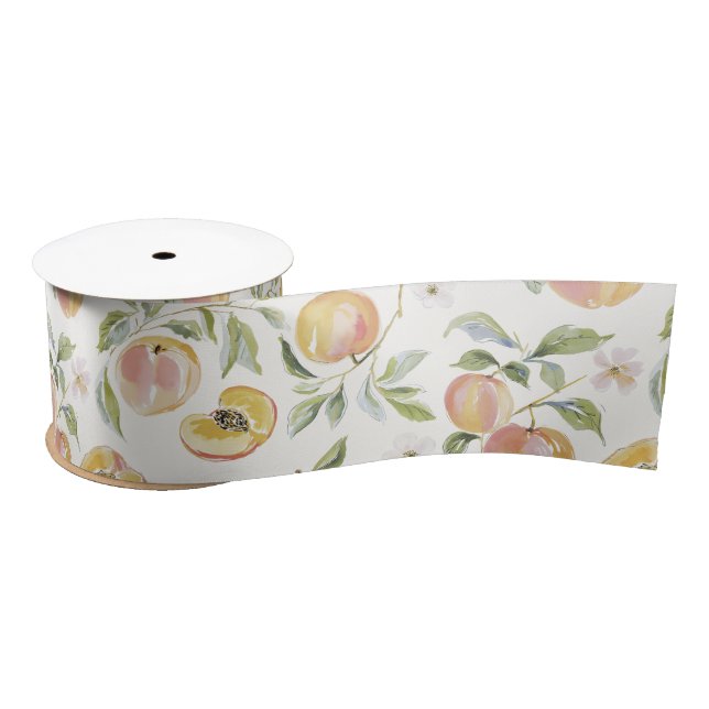 Cute Watercolor Leafy Peach Botanical Satin Ribbon (Spool)