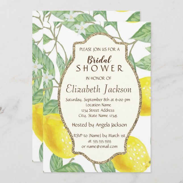 Cute Watercolor Lemons, Gold Glitter Frame Invitation (Front/Back)