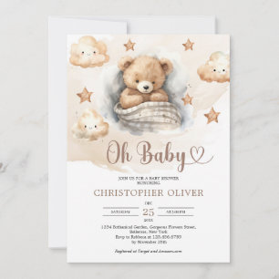 Cute Watercolor light brown sleeping teddy bear Invitation
