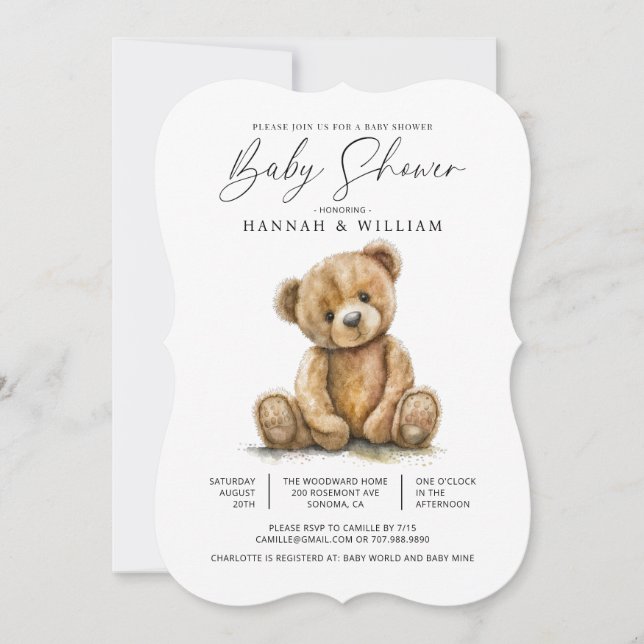 Cute Watercolor Little Bear Baby Shower Invitation (Front)
