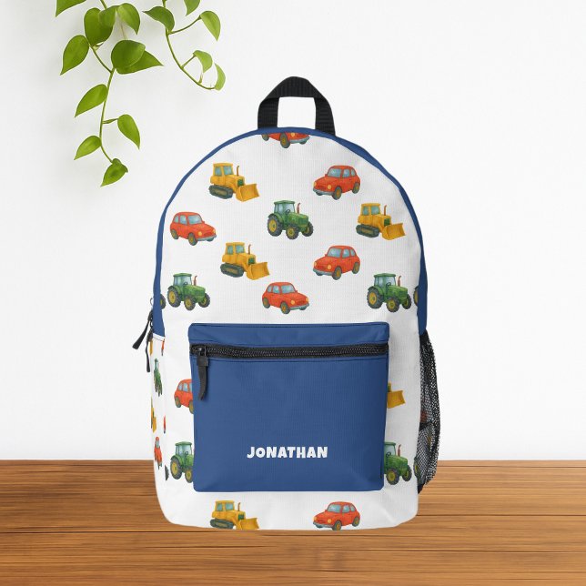 Cute Watercolor Little Boy Vehicles Pattern Printed Backpack (Cute Transportation Watercolor Vehicles Pattern Backpack)