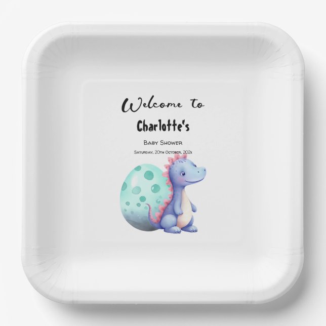 Cute Watercolor Little Dinosaur Baby Shower Paper Plate (Front)