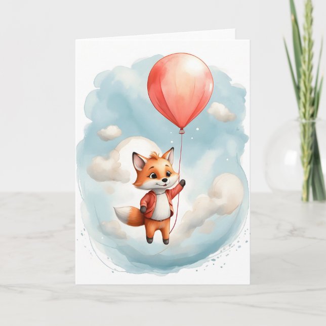 Cute Watercolor Little Fox Big Red Balloon Blank Card (Front)