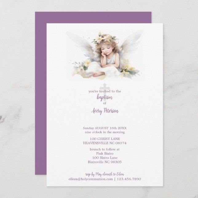 Cute Watercolor Little Girl Angel Cross Baptism Invitation (Front/Back)