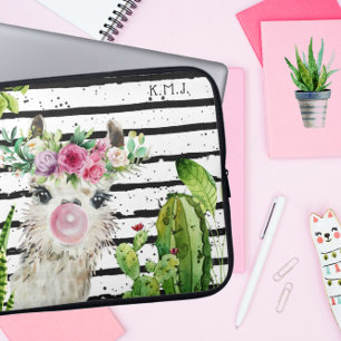 Cute Watercolor Llama   Floral Cactus & Stripes Laptop Sleeve