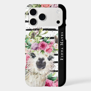 Cute Watercolor Llama Floral & Stripes Monogram