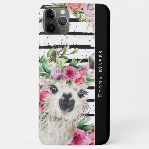 Cute Watercolor Llama   Floral & Stripes Monogram Case-Mate iPhone Case