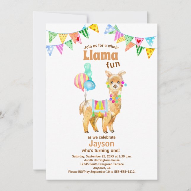 Cute Watercolor Llama Fun 1st Birthday Invitation (Front)