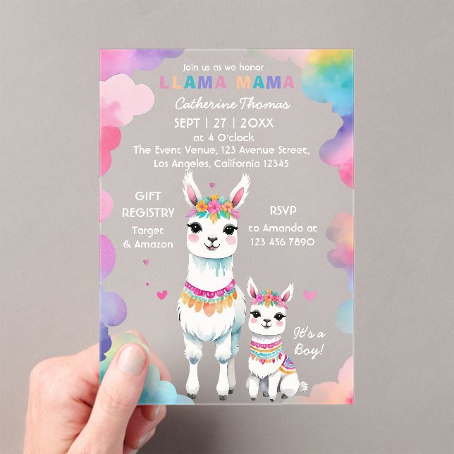 Cute Watercolor Llama Mama Mexican Baby Shower Acrylic Invitations (Insitu (Handheld))