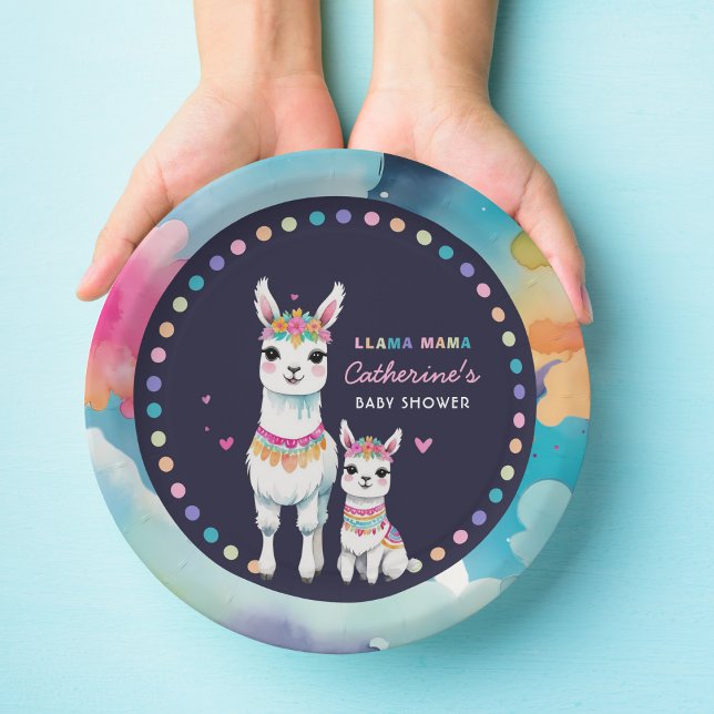 Cute Watercolor Llama Mama Mexican Baby Shower Paper Plate (Creator Uploaded)