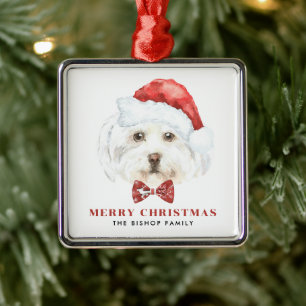 Cute Watercolor Maltese Santa Merry Christmas Metal Ornament