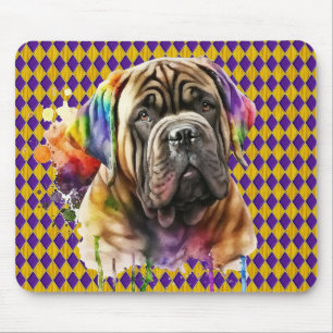 CUTE WATERCOLOR MARDI GRAS MASTIFF DOG FACE MOUSE PAD