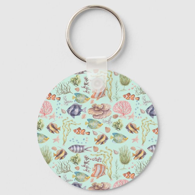 Cute Watercolor Marine Life Fish and Coral  Key Ring (Front)