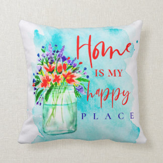Cute Watercolor Mason Jar Flowers Home Happy Place Cushion