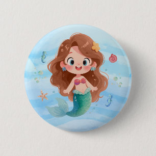 Cute Watercolor Mermaid Under the Sea Art Chibi 6 Cm Round Badge