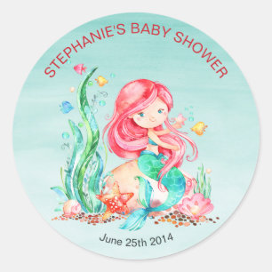 Cute Watercolor Mermaid Under the Sea Baby Shower  Classic Round Sticker