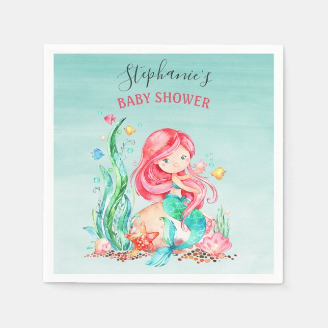 Cute Watercolor Mermaid Under the Sea Baby Shower Napkin (Front)