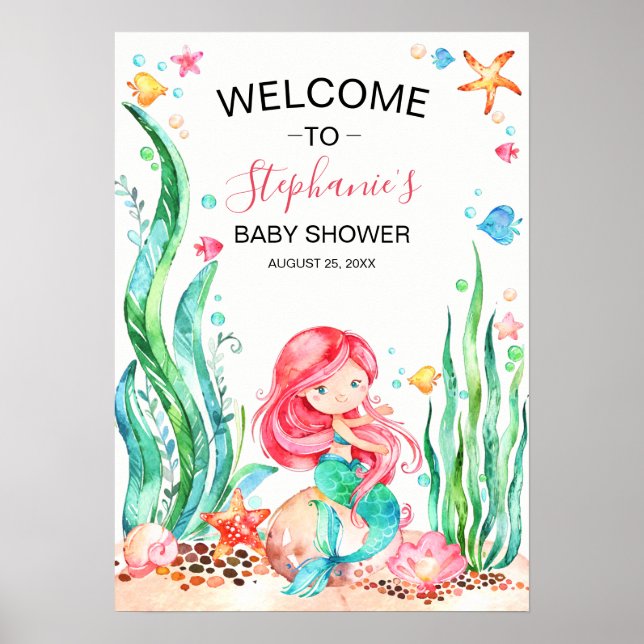 Cute Watercolor Mermaid Under the Sea Baby Shower Poster (Front)