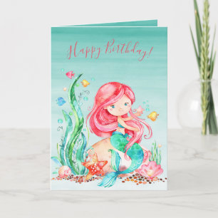 Cute Watercolor Mermaid Under the Sea Birthday Car Card