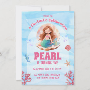 Cute Watercolor Mermaid Under the Sea Birthday Invitation