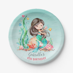Cute Watercolor Mermaid Under the Sea Birthday Paper Plate