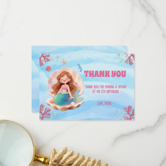 Cute Watercolor Mermaid Under the Sea Birthday Thank You Card