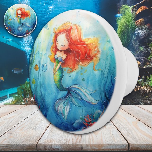 Cute Watercolor Mermaid Underwater  Ceramic Knob (Creator Uploaded)