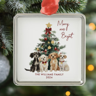 Cute Watercolor Merry & Bright Dogs Christmas Metal Ornament
