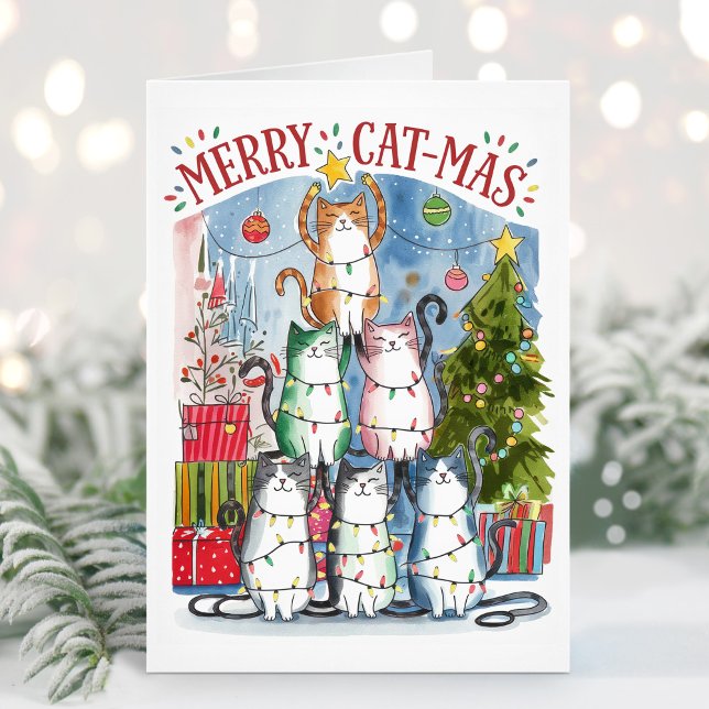 Cute Watercolor Merry Cat-Mas Cats Christmas Card (Creator Uploaded)