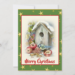 Cute Watercolor Merry Christmas Bird Snow Stars Holiday Card