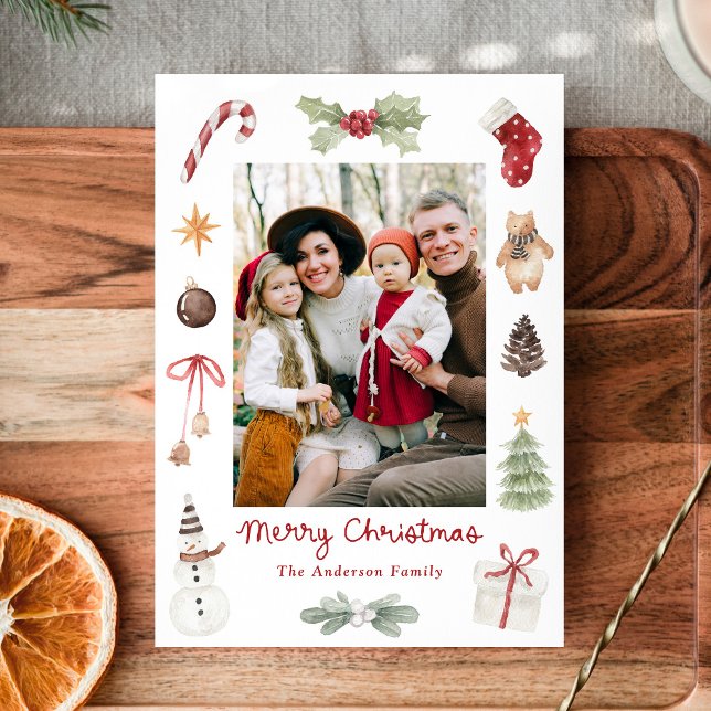 Cute Watercolor Merry Christmas Family Photo Holiday Card (Creator Uploaded)