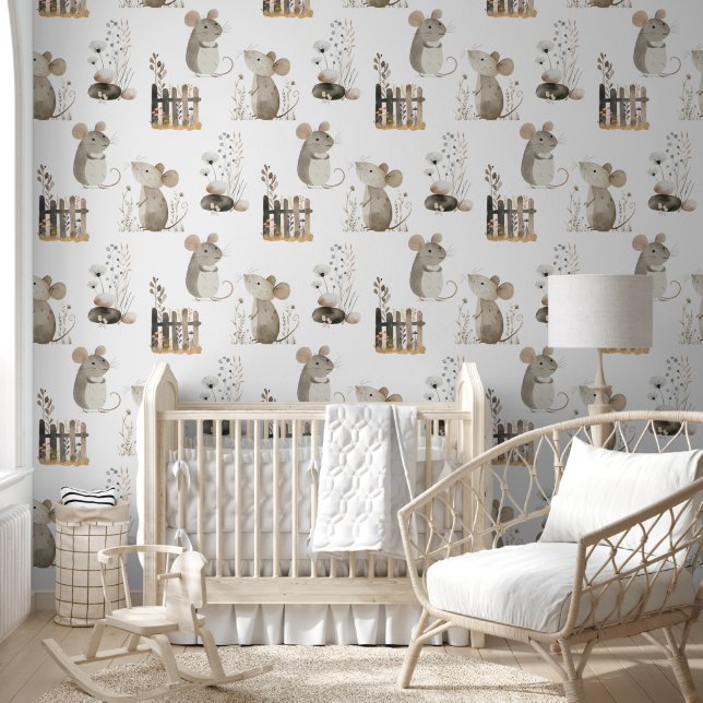 Cute Watercolor Mice Boho Neutral Nursery Wallpaper (Kids)