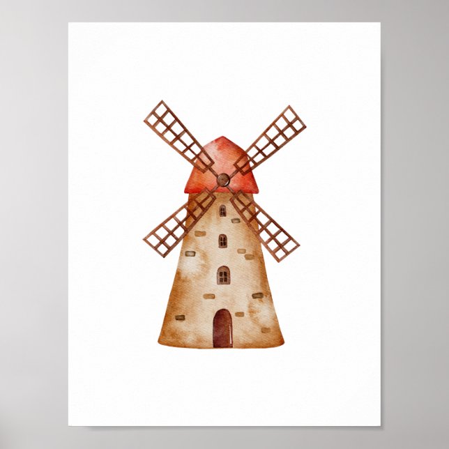 Cute Watercolor Mill Farm Windmill Poster (Front)