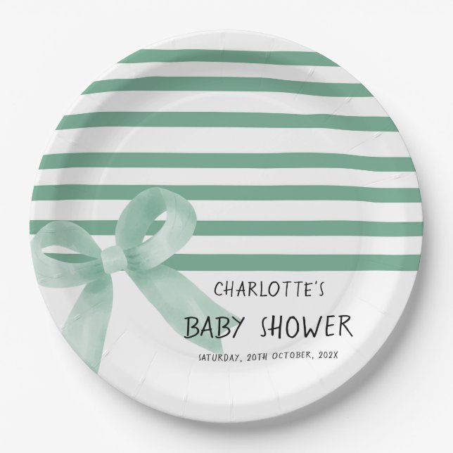 Cute Watercolor Mint Bow Baby Shower Paper Plate (Front)