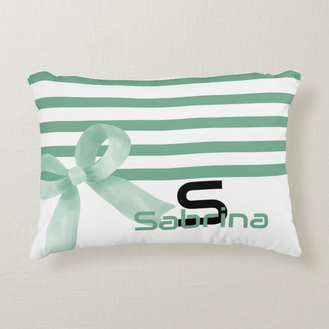 Cute Watercolor Mint Bow Stripes Accent Pillow (Front)